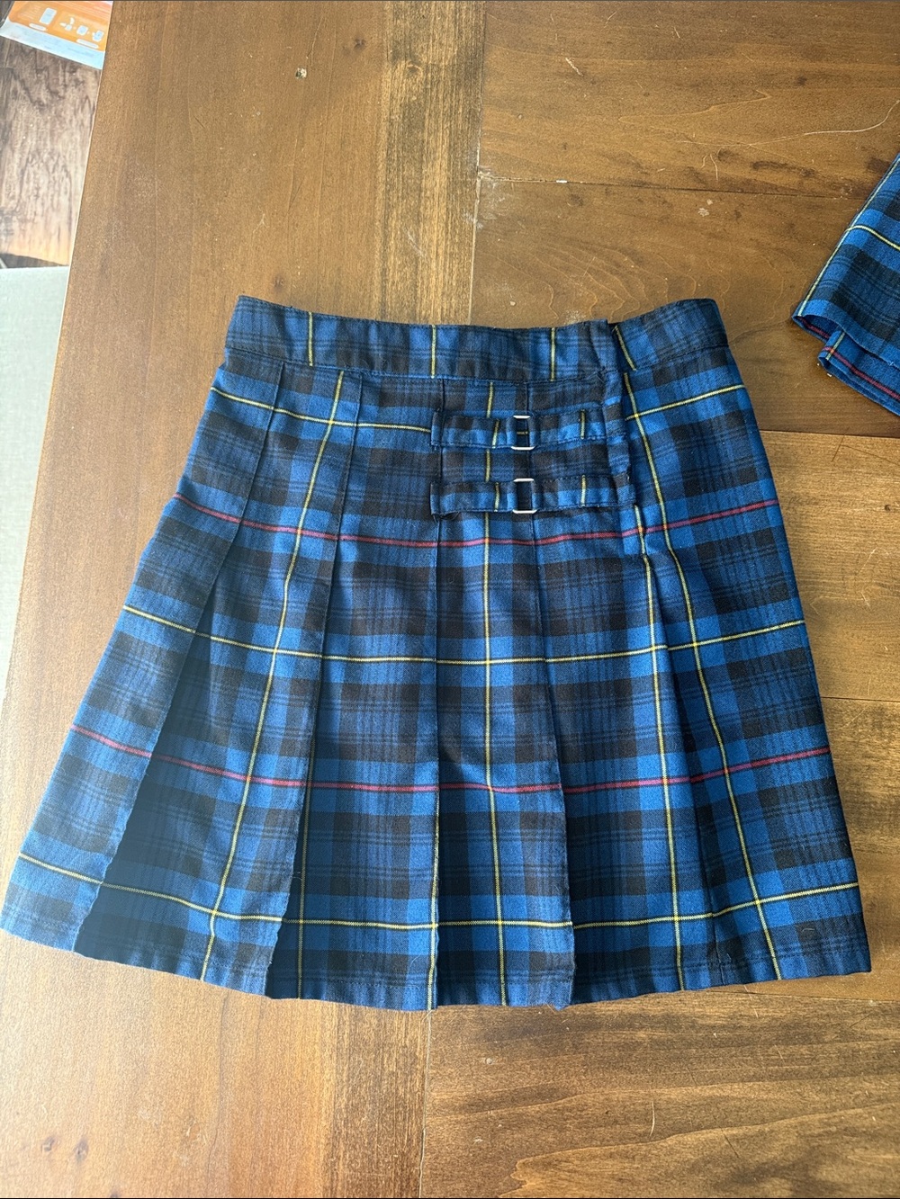 Blue Plaid Pleated Skirt with Buckle Detail